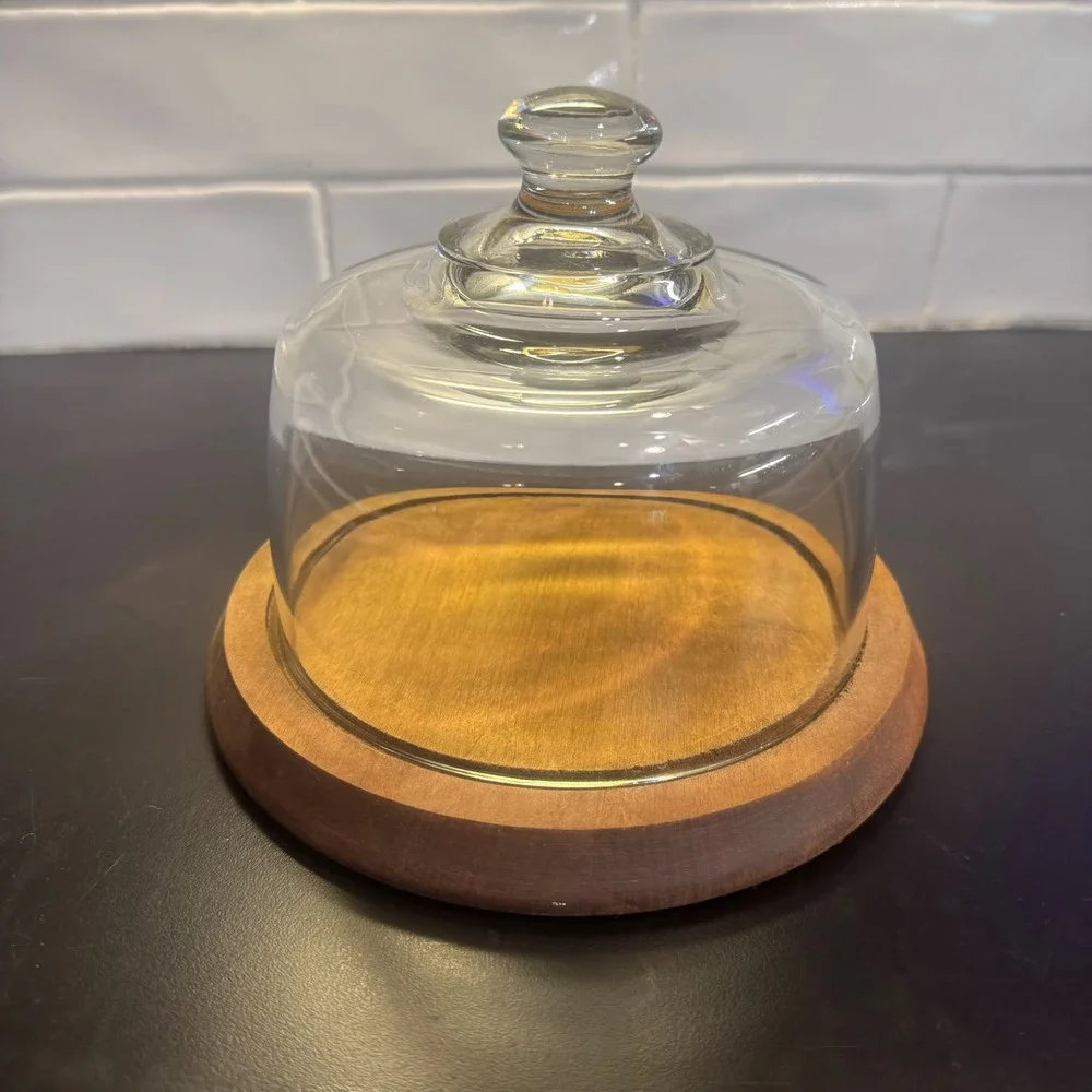 Glass Cloche Cheese Dome with Wood Base Brown Rustic Kitchen Display 7.75in